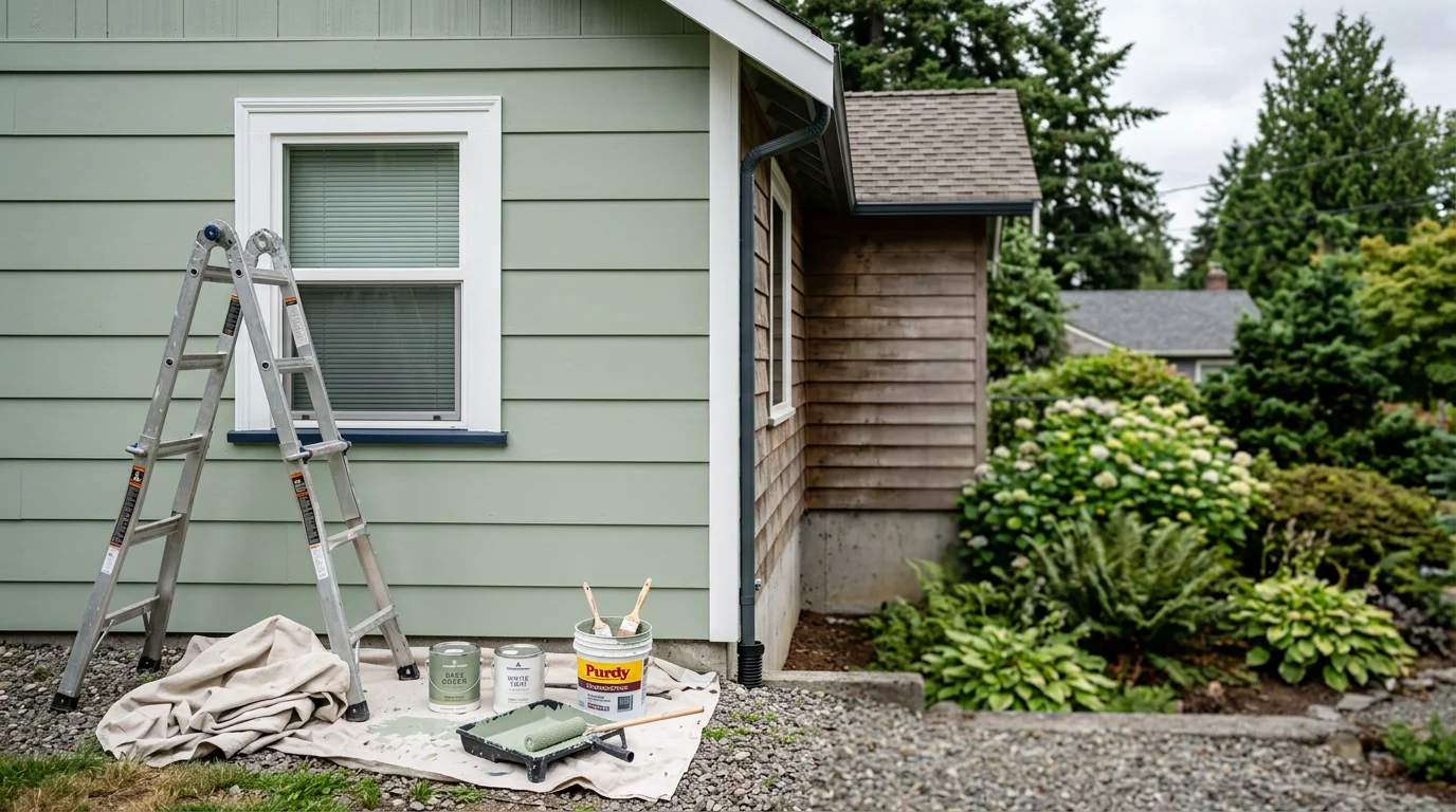 Professional painter applying fresh paint to exterior home wall