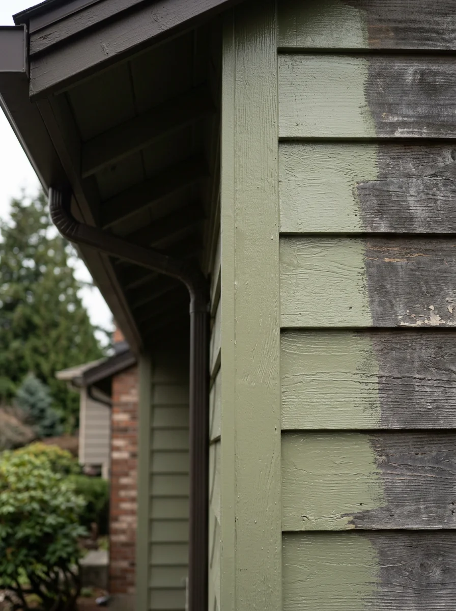 Close-up of a Bellevue home exterior showing fresh paint applied to wood siding and trim on a shaded lot, with the repainted surface contrasting against weathered sections.