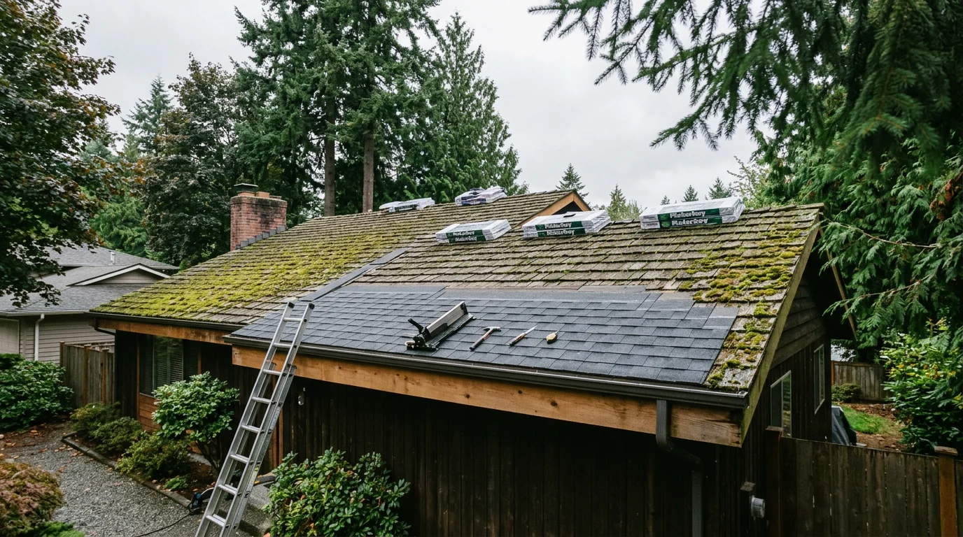 Roofer installing composition shingles on a 1970s single-family home in a tree-lined Bellevue, WA neighborhood, with moss visible on the north-facing slope being replaced.