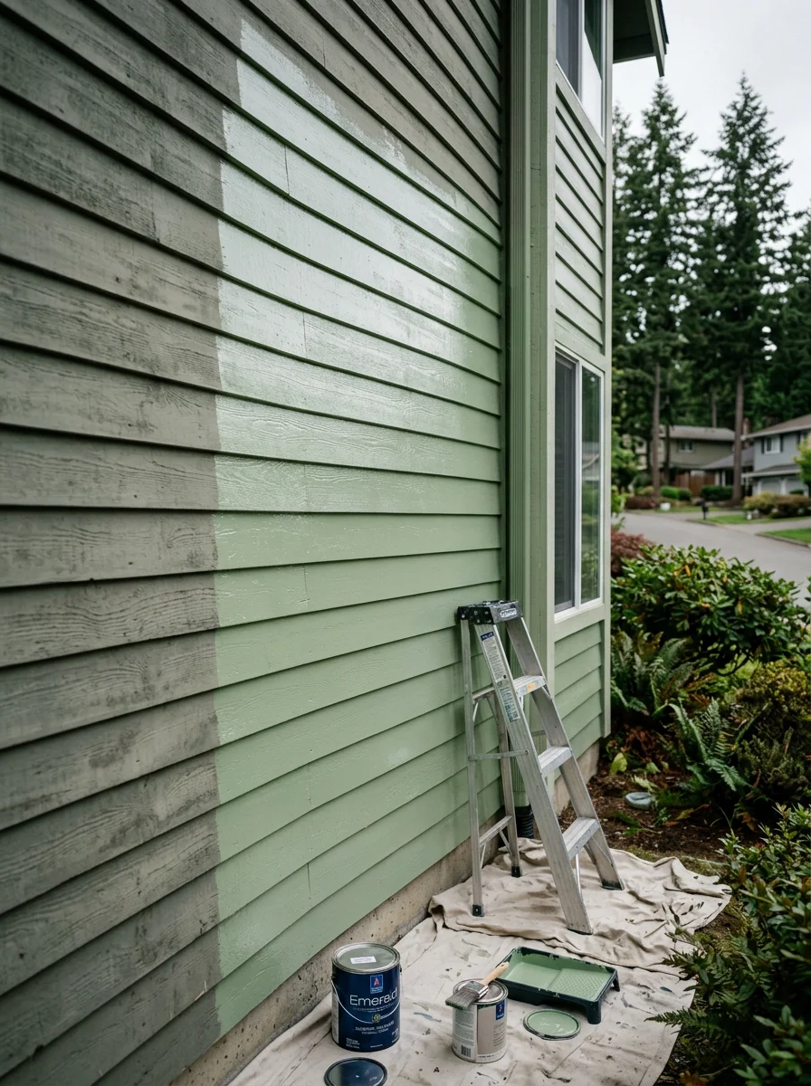 Exterior painting in progress on a 1980s Canyon Park home in Bothell, with fresh moisture-resistant coating applied to wood siding on a shaded north-facing wall.