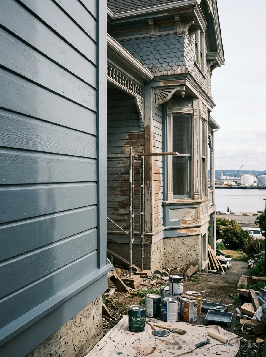 Exterior painting in progress on a Victorian-era home in Rucker Hill, Everett, with fresh moisture-resistant coating applied to original wood siding and detailed trim near the Puget Sound waterfront.
