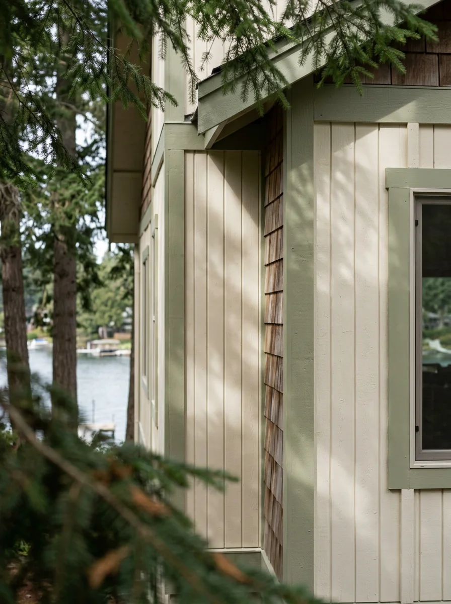 Freshly painted wood siding and trim on a Kirkland lakefront home, showing moisture-resistant exterior coating applied to north-facing walls with mature conifers overhead.