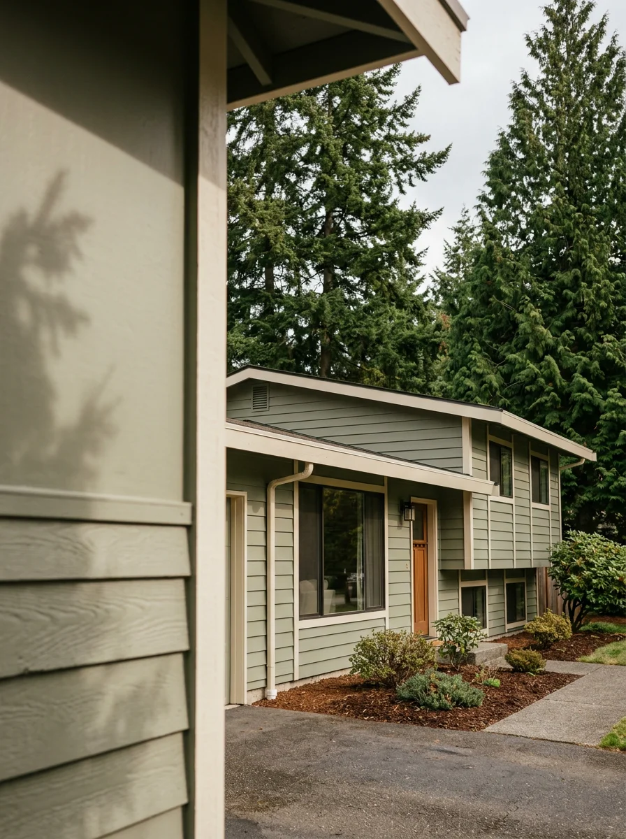 Freshly painted exterior on a 1970s Redmond home in the Grass Lawn neighborhood, showing new moisture-resistant coating on wood siding with mature evergreen trees in the background.