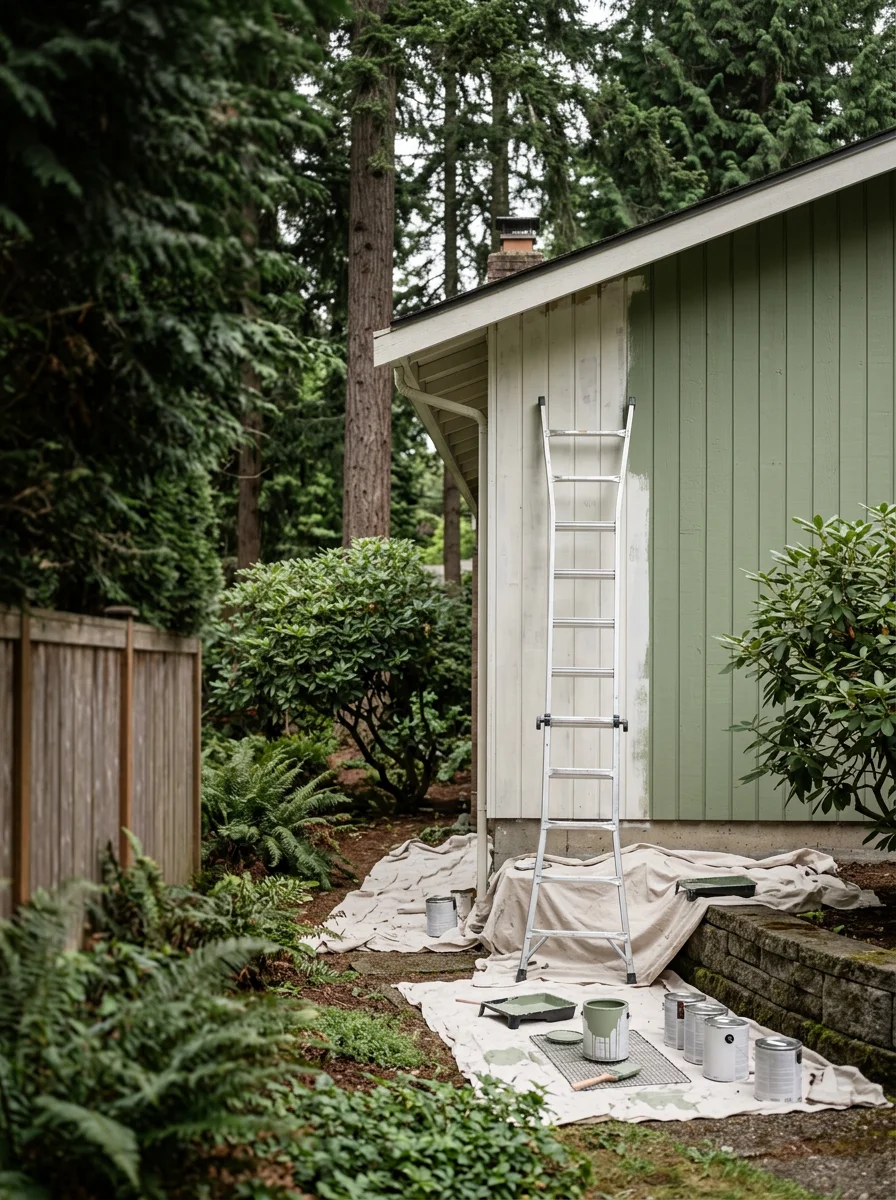 Exterior painting in progress on a mid-century Renton home in the Fairwood neighborhood, with fresh coating applied to wood siding on a shaded lot with established landscaping.