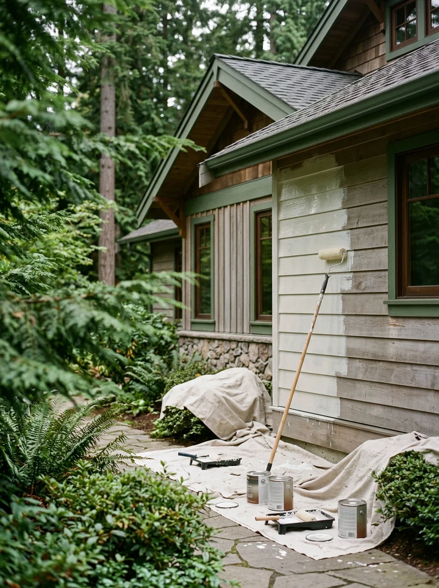 Exterior painting in progress on a large Sammamish home, with fresh moisture-resistant coating being applied to north-facing wood siding on a heavily shaded lot in the Klahanie neighborhood.