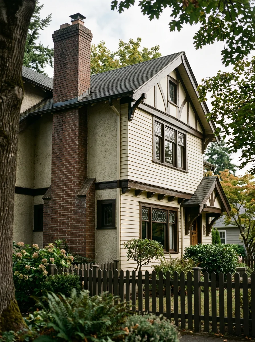 Exterior painting in progress on a Tudor-style home in Tacoma's Stadium District, with fresh moisture-resistant coating applied to original wood siding and detailed trim on a pre-1950 property.