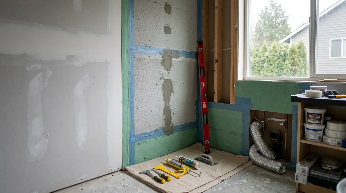 A remodeled bathroom in a Bellevue home showing new tile work, a walk-in shower with clean grout lines, and updated wall finishes. The space reflects the moisture-resistant materials suited to Pacific Northwest homes.