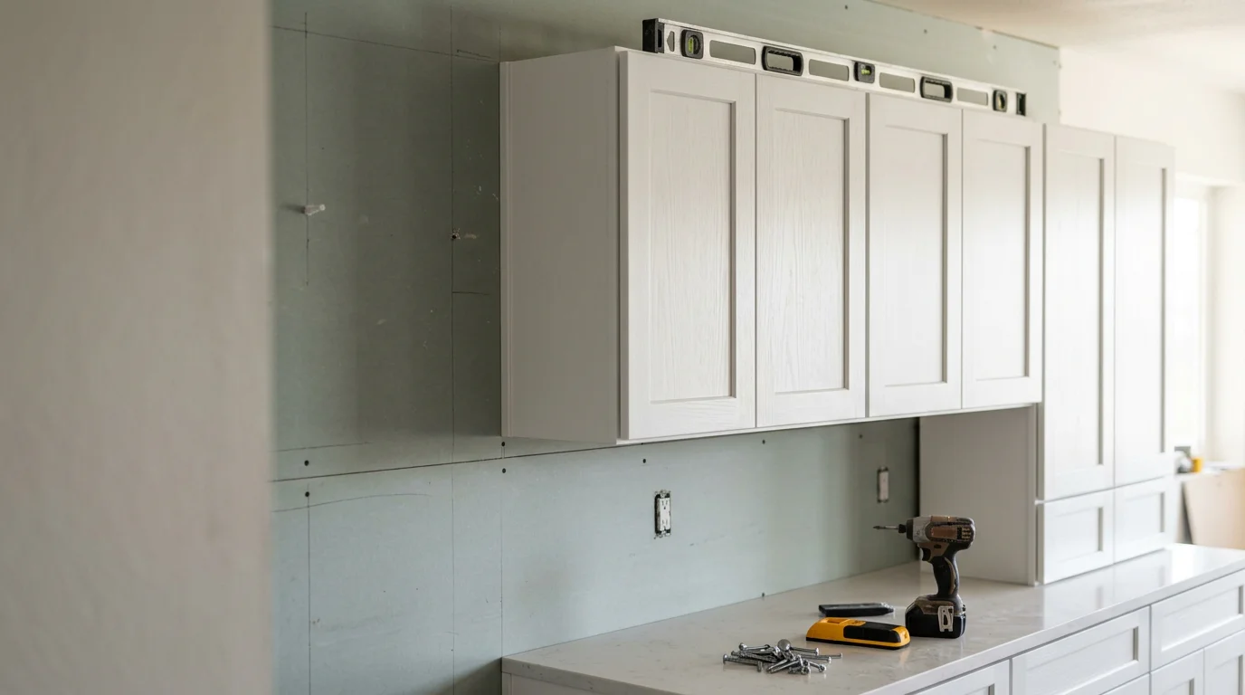 Newly installed kitchen cabinets in a Bellevue home, showing aligned upper and lower cabinet runs with closed doors and drawers. The installation is part of a remodeling project by Hernandez Painting serving the Eastside area.