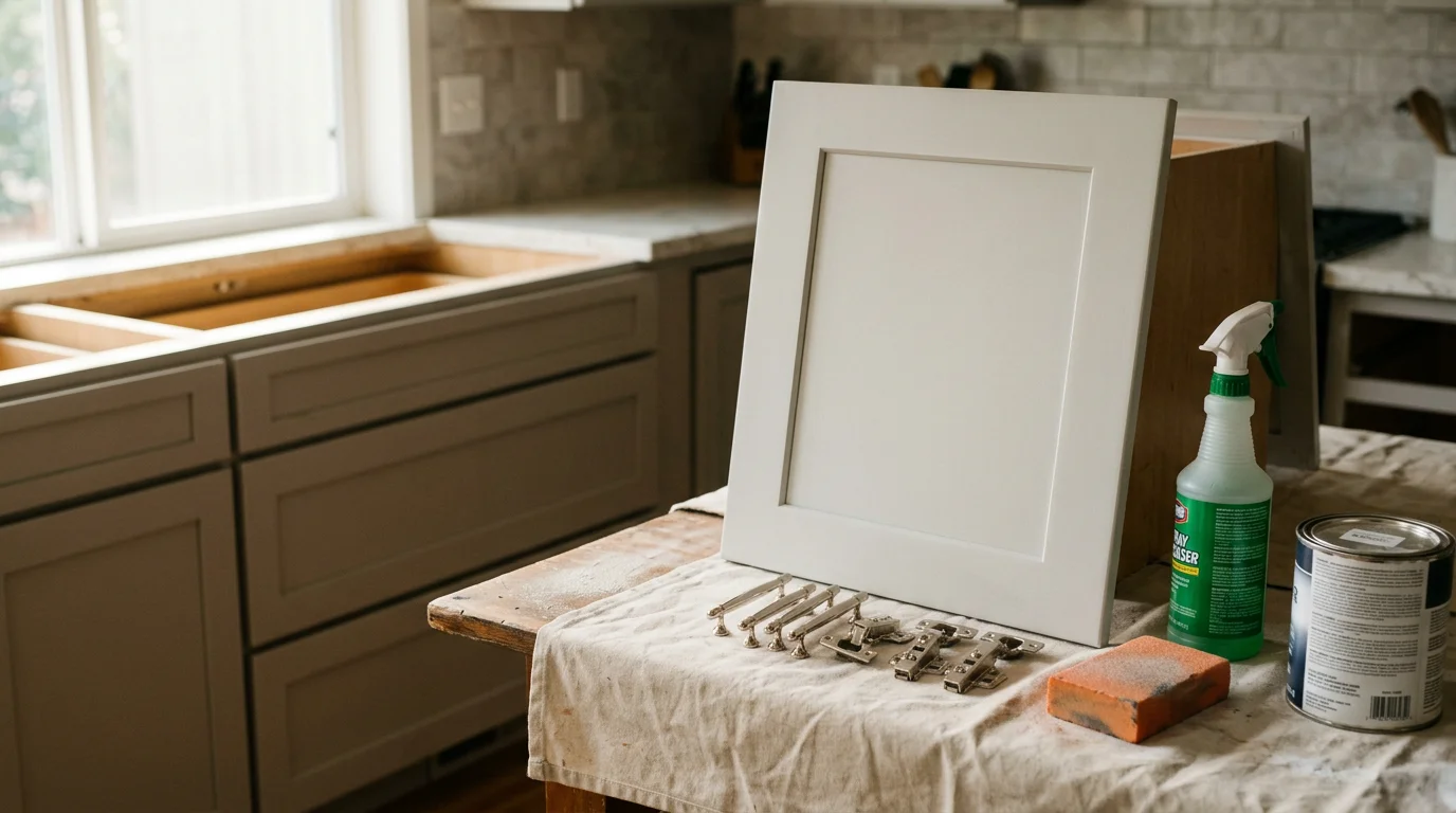 Freshly painted white kitchen cabinets in a Bellevue home, showing smooth door fronts and clean edges around the hardware. A professional cabinet painting result by Hernandez Painting on the Eastside.