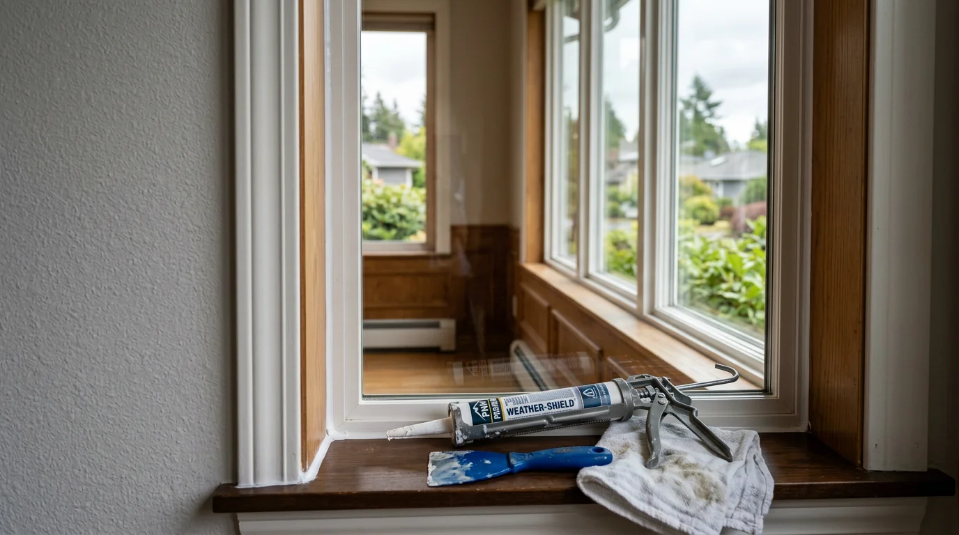 A handyman applying a smooth bead of fresh caulk along the seam of a bathroom tub surround in a Bellevue home. The finished seal runs clean and even against white tile, replacing cracked and discolored old caulk.