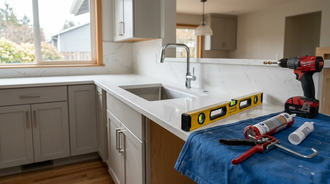Freshly installed countertop in a Bellevue home kitchen, showing clean edge profiles and a flush fit against painted cabinets. The surface is smooth and level with a sink cutout neatly finished.