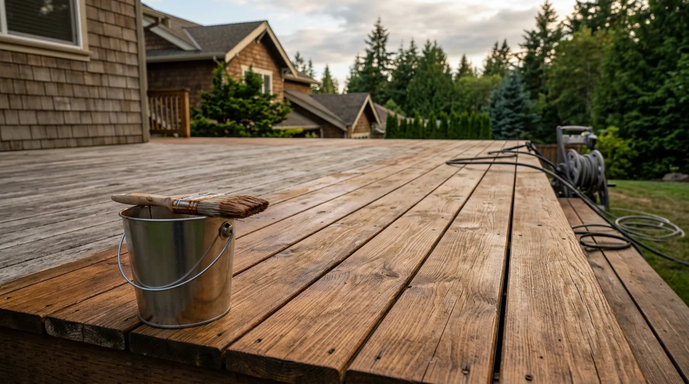 A freshly stained wood deck on a residential home in Bellevue, Washington, showing even color coverage and clean board surfaces. The surrounding Pacific Northwest tree line is visible in the background.