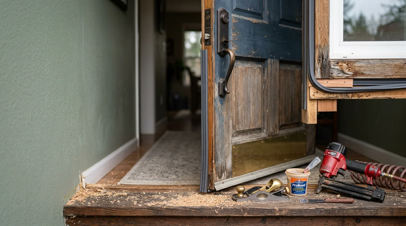 A repaired exterior entry door on a residential home in Bellevue, Washington, with a properly aligned frame and closed latch. Close-up view showing flush door fit and intact weatherstripping along the door edge.