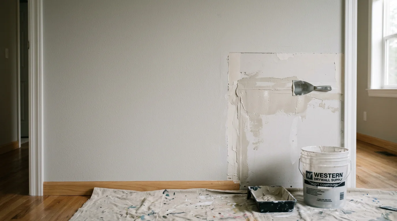 A freshly repaired and textured drywall wall in a Bellevue home interior, showing a smooth patch blended into the surrounding surface. The repaired area is paint-ready with no visible seam lines.