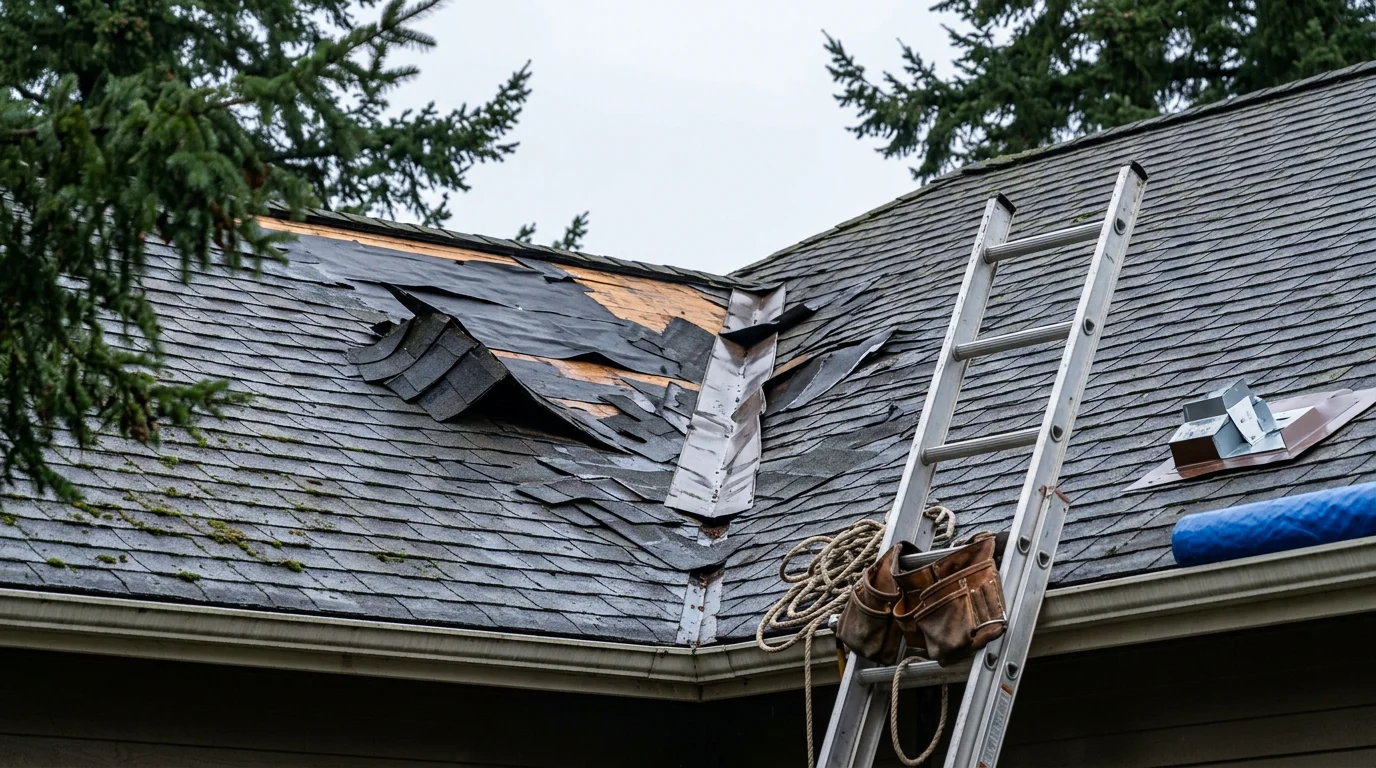 A residential roof in Bellevue, Washington showing storm damage with missing shingles and a roofer applying protective covering to the exposed area. Pacific Northwest tree coverage and overcast skies are visible in the background.