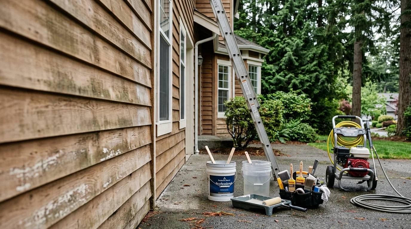 A freshly painted two-story home in Bellevue, Washington with clean siding, crisp trim lines, and a painted front door. The exterior shows smooth, even coverage on wood siding typical of established Eastside neighborhoods.