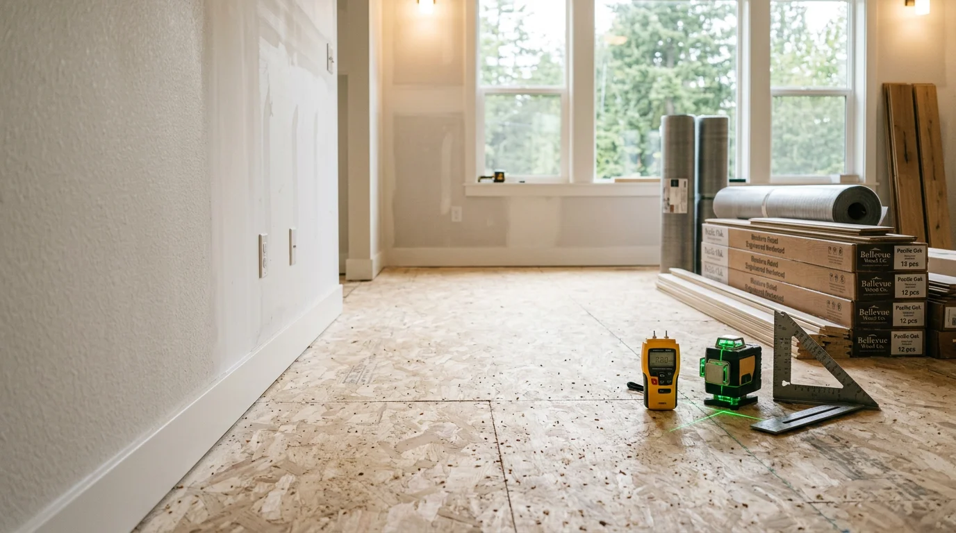 Freshly installed flooring in a Bellevue home living room, showing a clean flat surface meeting the baseboard trim. A remodeling crew member from Hernandez Painting inspects the finished floor near a window overlooking a residential street.