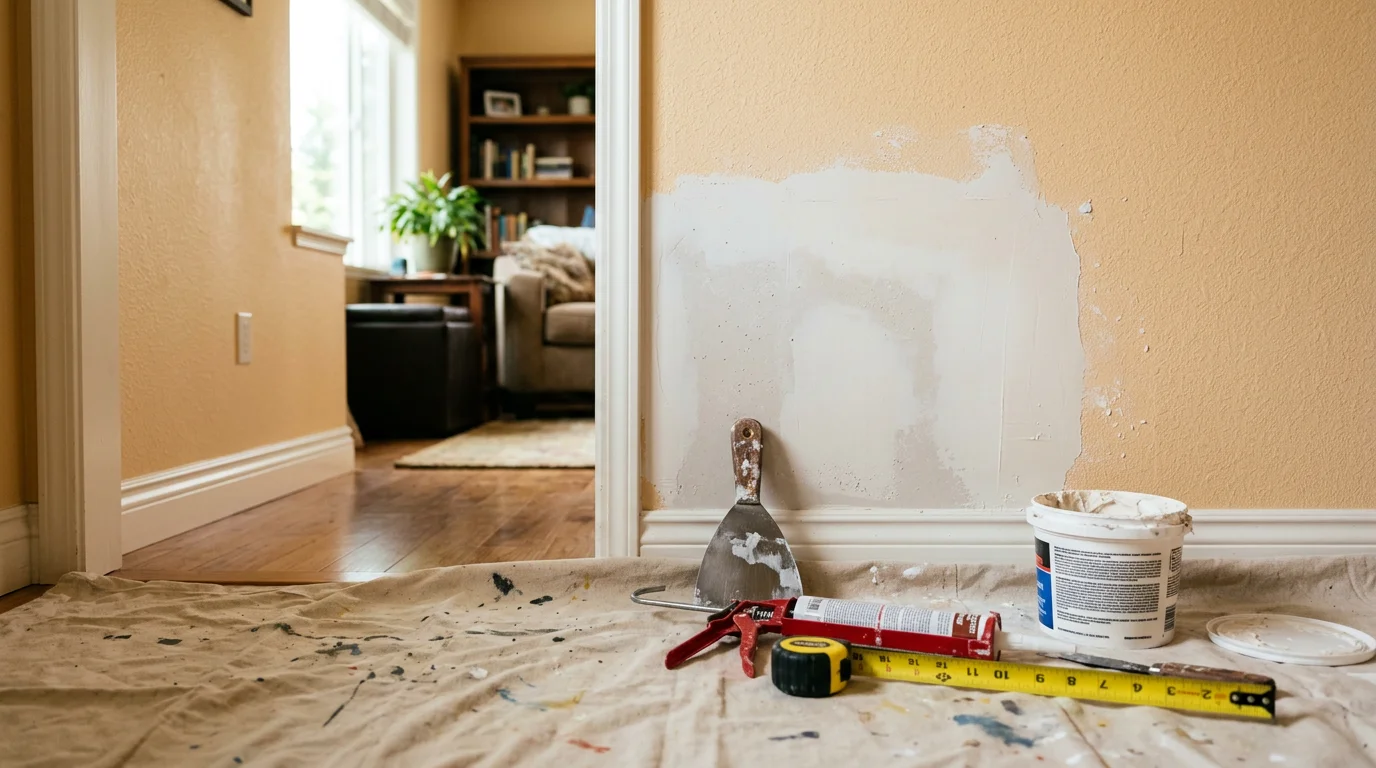 A handyman from Hernandez Painting completing an interior home repair in a Bellevue residential home. Close-up of repaired wall trim and clean surface finish in a well-lit living area.