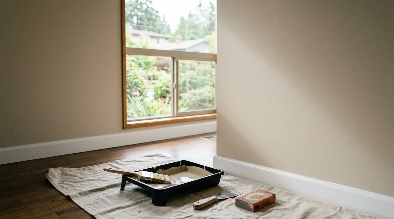 A freshly painted living room interior in a Bellevue single-family home, showing smooth, even wall coverage with clean edges along the ceiling and baseboards. Natural light from large windows highlights the consistent finish across the walls.