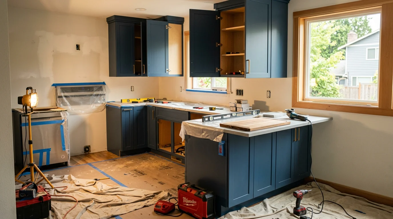 A remodeled kitchen in a Bellevue home showing an updated layout with new cabinetry, improved lighting, and clean finished surfaces. The space reflects a practical, modern design suited to Eastside residential homes.