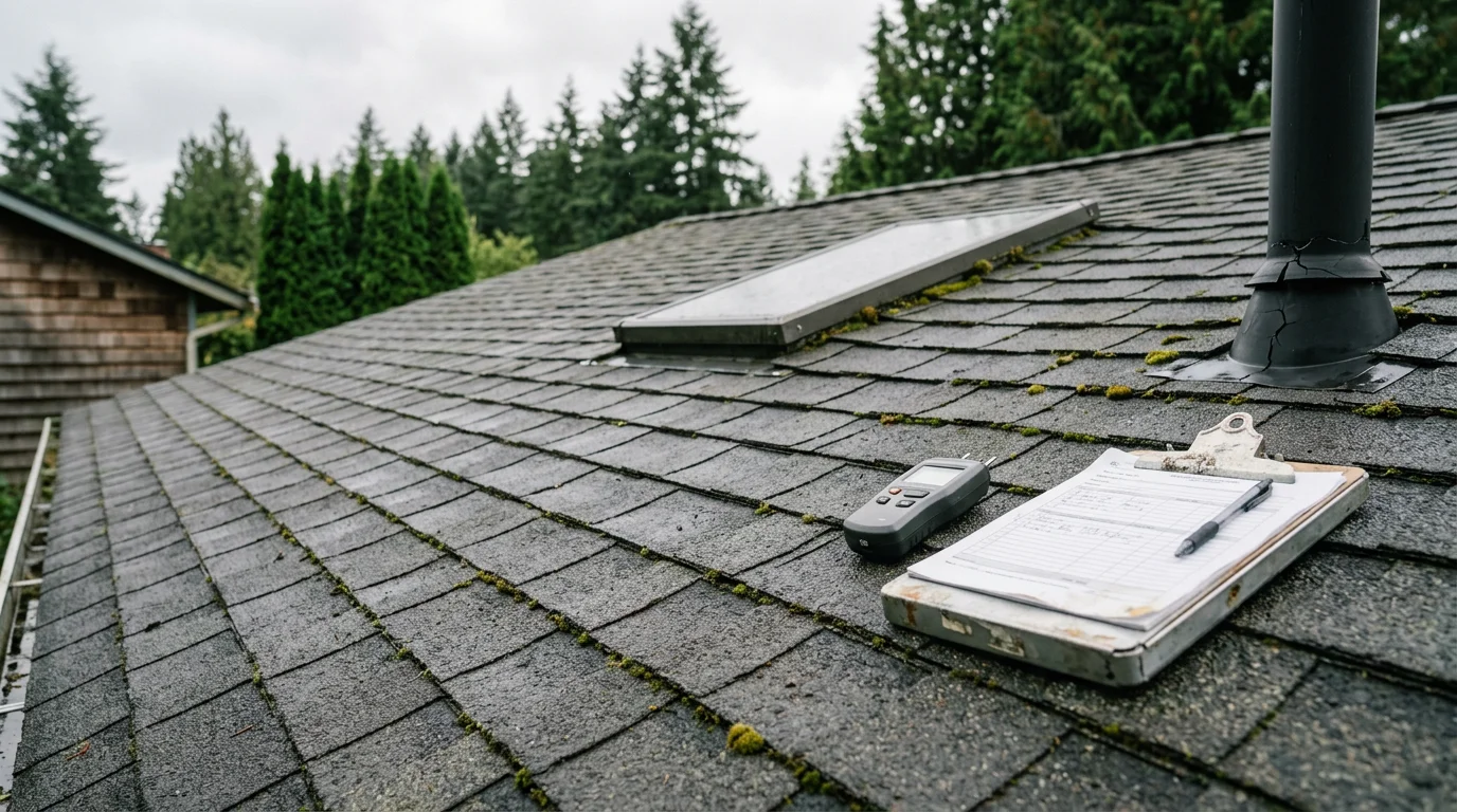 A roofing professional inspecting shingles, flashing, and gutters on a residential roof in Bellevue, Washington. Close-up view shows moss growth and shingle wear typical of Pacific Northwest homes.