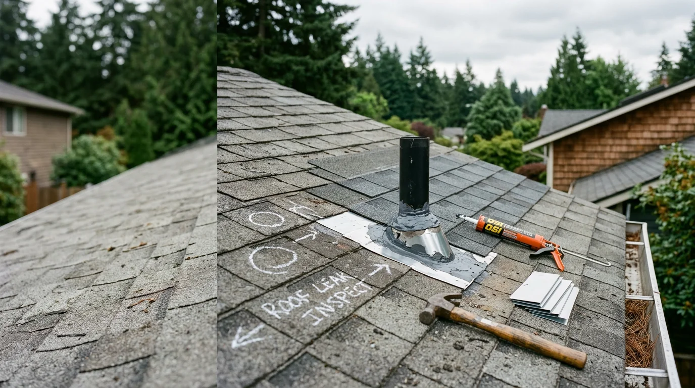 A roofing professional examining damaged flashing and shingle edges on a residential roof in Bellevue, Washington. Close-up view shows the repair area with surrounding wet shingles typical of Pacific Northwest weather conditions.