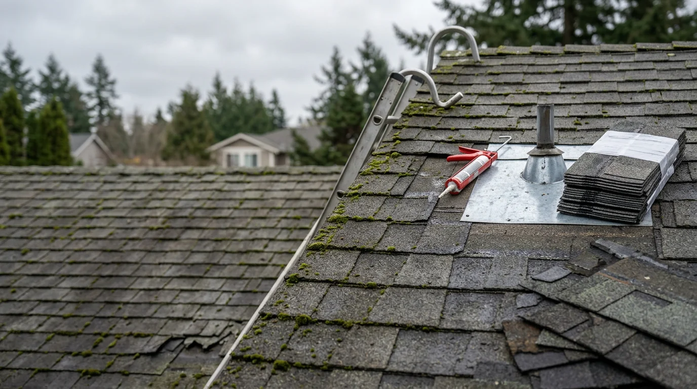 A residential roof in Bellevue, Washington showing repaired shingles and sealed flashing after storm and moisture damage. The home is surrounded by mature trees typical of the Pacific Northwest Eastside.