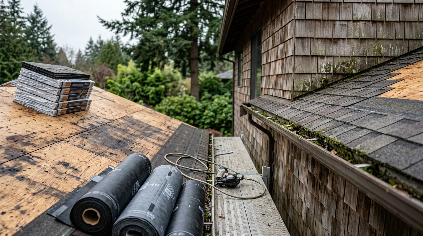 A freshly completed roof replacement on a residential home in Bellevue, Washington, showing new shingles installed across the full roofline with clean ridge caps and uniform coverage. The surrounding Eastside tree canopy is visible in the background.