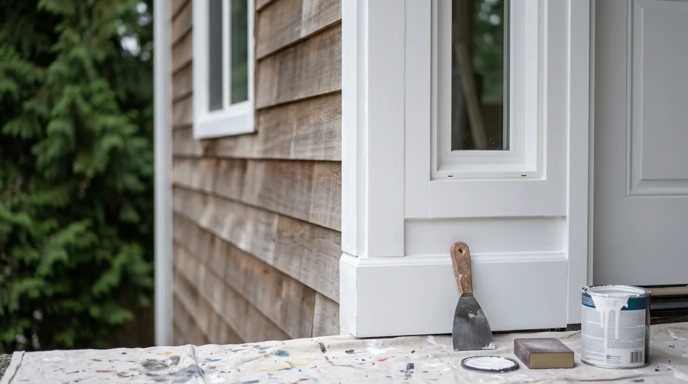 Close-up of freshly painted white exterior trim around a window on a Bellevue home, with clean edges where trim meets dark siding. The wood surface shows a smooth, even finish with no peeling or gaps at the caulk joints.