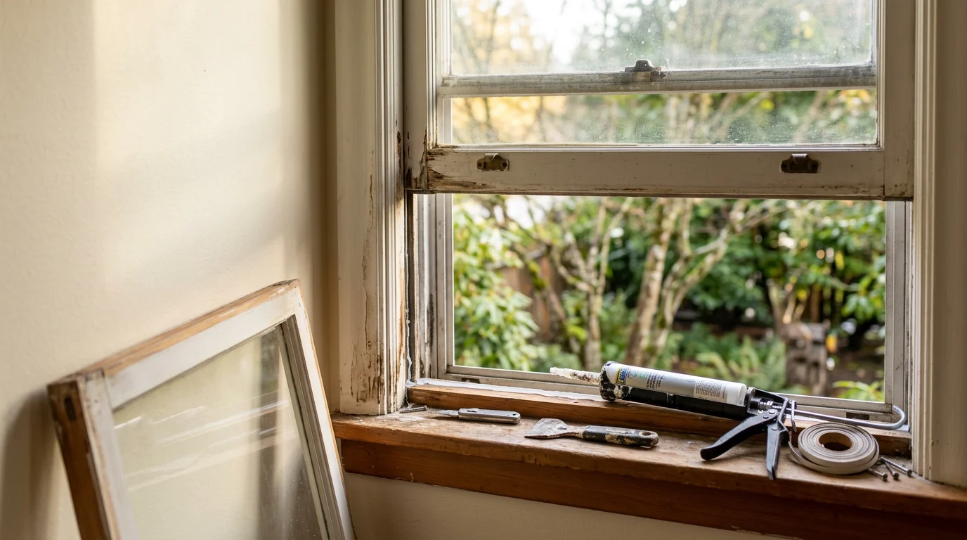 A handyman repairing a window frame on a residential home in Bellevue, Washington. The window shows a freshly sealed frame with clear glass, set against a typical Pacific Northwest neighborhood backdrop.